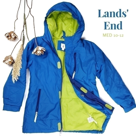 Lands' End Kids Grow A Longs Blue and Lime Puffer Coat Kids Medium 10-12